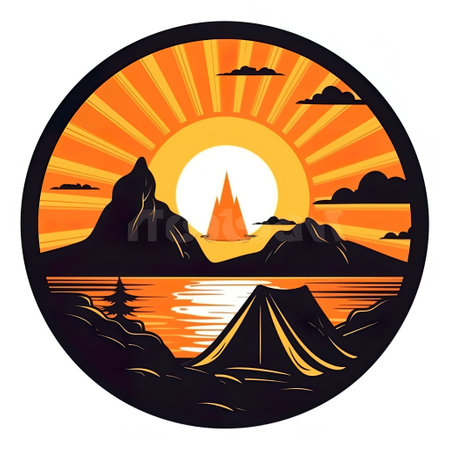 Camping tent in dark forest at night, AI generative flat illustration in orange, white and black colorsの素材