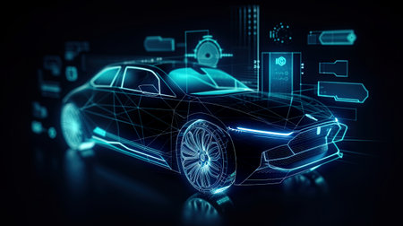 Latest car safety features, panels and glowing sensors, showcase, AI generative futuristic illustrationの素材