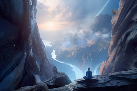 Tiny human figure meditates on the edge of a cliff, surrounded by an amazing landscape. AI generative.の素材