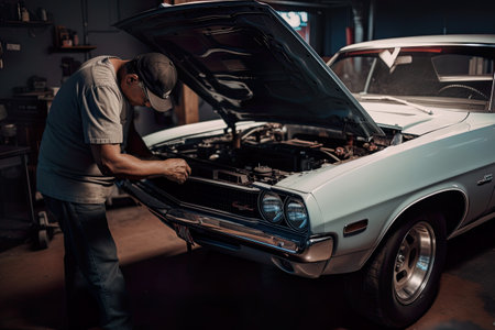 Caucasian male mechanic repairing a vintage old car in a workshop, AI generative classic car restorationの素材