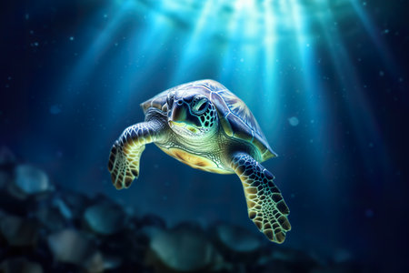 Turtle swiming underwater in the sea with sun rays from the surface, AI generativeの素材
