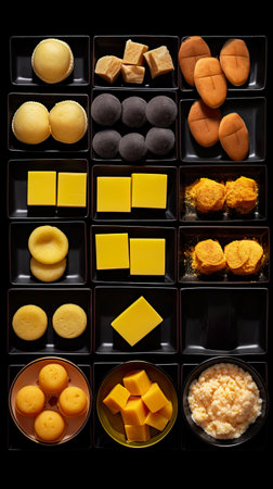 Indian sweets, flat lay, top view assorted cookies and traditional desserts, AI generative overhead view of knolling arrangementの素材