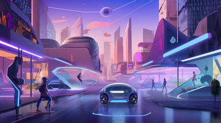 A futuristic city with a futuristic car in the middle of the road. AI generative.の素材