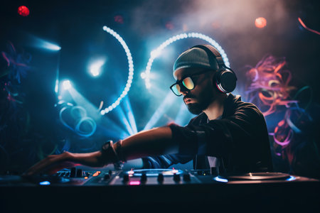 Bright dynamic illustration of male DJ in a nightclub, AI generative illustrationの素材