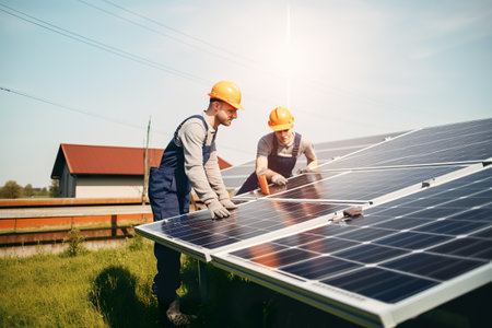 Installation, assembly and tuning of solar panels on a field on a sunset. Engineer, caucasian male worker fixing a panel. Clean, renewable energy concept, Generative AIの素材