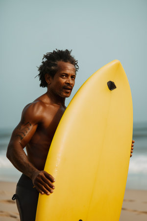 Middle-aged African male surfer, sporty man, athlete with his yellow surfboard outdoors by the sea...