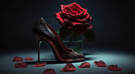 Black tango shoes, high heel stilettos on a black background with rose flowers, cyan and dark red colors. AI generative.の素材