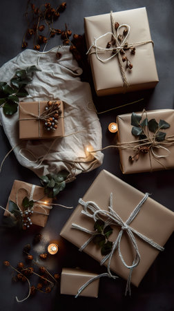 Zero waste Christmas gifts wrapped in brown paper with natural decor, AI generative digital festive illustrationの素材