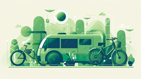 A van parked next to a bicycle in a park. AI generative.の素材