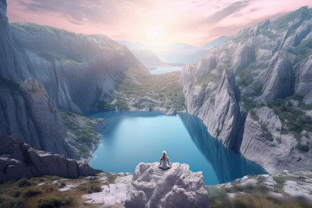 Tiny human figure meditates on the edge of a cliff, surrounded by an amazing landscape with lake in mountains. AI generative.の素材
