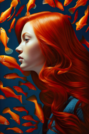 Beautiful woman spirit with long ginger hair like sea weed with many orange fishes underwater, surreal AI generative portrait illustrationの素材