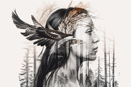 Serene profile of a female forest spirit or deity with birds and twigs, black white monochromatic AI generative digital artの素材