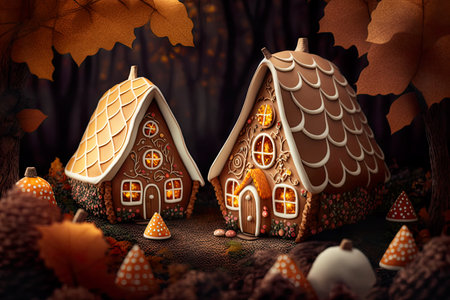 A group of gingerbread houses in Autumn forest. AI generative.の素材