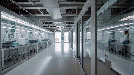Long corridor in research facility with scientific laboratory interior behind glass wall. AI generative.の素材