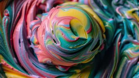 Rainbow ice cream, close-up on multicolor swirls of delicious icecream, AI generative summer trendy food backgroundの素材