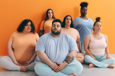 Yoga, meditation lesson. Group of diverse curvy, plus size, active, big, chubby people sitting together in front of orange wall. AI generative.の素材