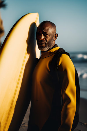 Middle-aged African male surfer, sporty man, athlete with his yellow surfboard outdoors by the sea on a beach, AI generative illustrationの写真素材