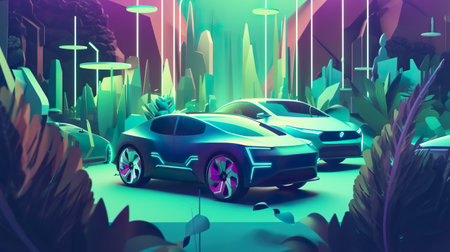 Futuristic electric car grid system that uses AI to generate efficient routes and maximize the sharing of cars, AI generative car to go, car to rend systemの素材