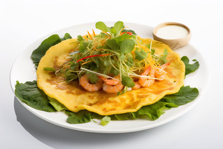 Banh Xeo, crispy Vietnamese pancake filled with shrimp, pork, and bean sprouts, served with lettuce and herbs for wrapping, AI generativeの素材