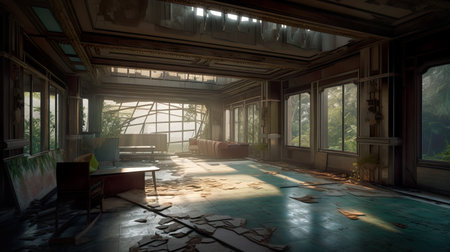 Old damaged resort interior, exotic plants, forest around, daylight coming through broken roof and damaged vindows, AI generativeの素材