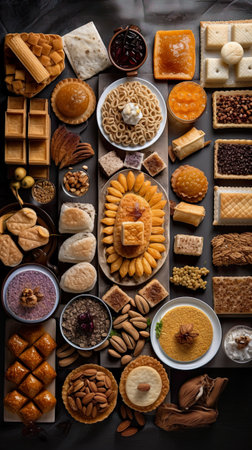 Turkish sweets, flat lay, top view assorted cookies and traditional desserts, AI generative overhead view of knolling arrangementの素材