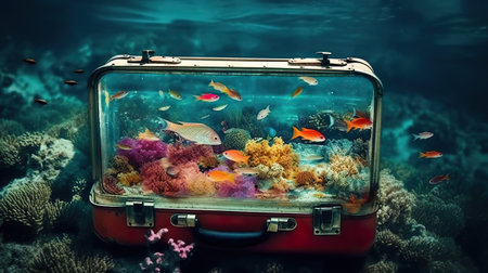 Ocean in travel suitcase, coral reef, fishes and sea creatures in transparent showcase, concept AI generative digital illustrationの素材