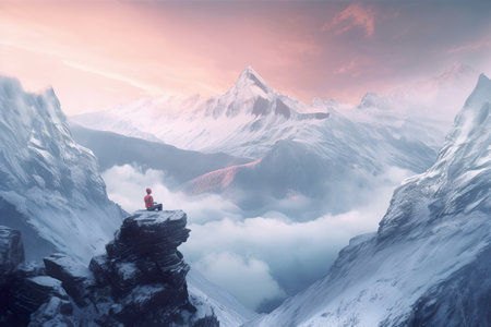 Tiny human figure meditates on the edge of a cliff, surrounded by an amazing landscape in Alps with snow on mountains. AI generative.の素材