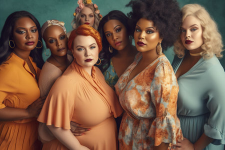 Diverse group of curvy, plus size, active, big, chubby woman standing next to each other. AI generative illustration, plus size beauty campaignの素材