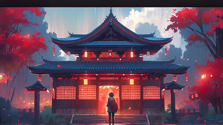 A person standing in front of a building at night. AI generative.の素材