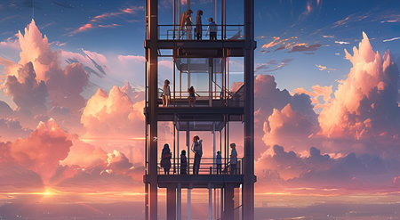 A group of people standing on top of a tall tower. AI generative.