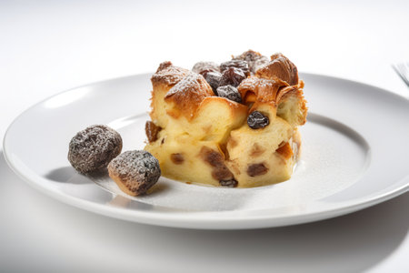 A white plate topped with a piece of cake. AI generative. BudÃ­n de Pan - Bread pudding.の素材