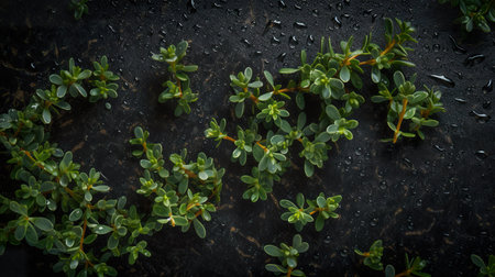 Thyme herb flat lay, top view on black background, AI generativeの素材