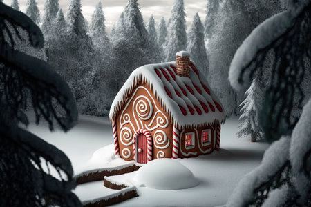A christmas scene with a gingerbread house in fairy tale dark winter forest. AI generative.の素材
