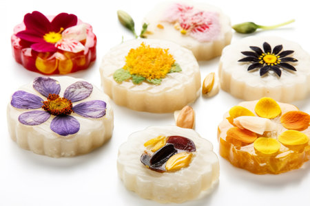 Hwajeon: Flower-shaped rice cakes with sweet toppings, honey or nuts with flowers. AI generative.の素材