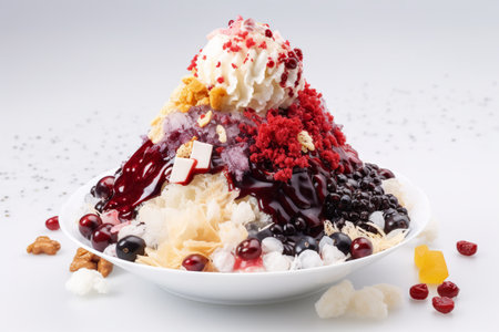 Patbingsu: Shaved ice with sweetened red bean paste and toppings, AI generative Korean sweetsの素材