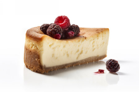 A piece of Torta de Ricota, or Ricotta cheesecake with raspberries. AI generative.の素材