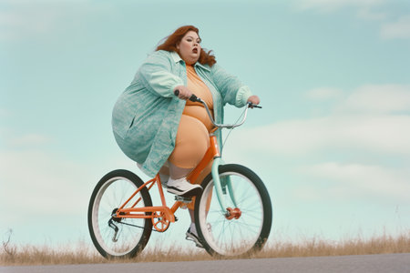 Curvy, plus size, active, big, chubby woman riding a bike, AI generative illustration.の素材