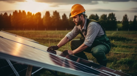 Installation, assembly and tuning of solar panels on a field on a sunset. Engineer, caucasian male worker fixing a panel. Clean, renewable energy concept, Generative AIの素材