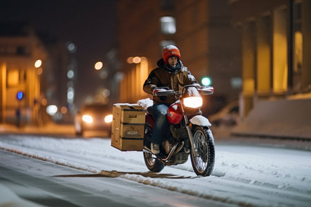 Delivery Man on Motorbike with Food Box driving through town in snow, AI Generativeの写真素材