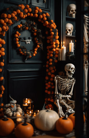 A skeleton sitting in front of a wreath of oranges. AI generative.の素材
