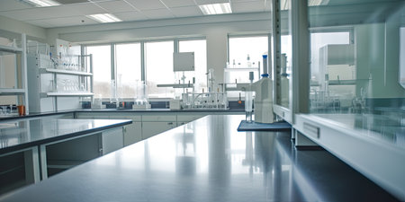 A lab with white cabinets and a black chair. AI generative clean laboratory interiorの素材