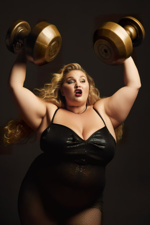 Plus size chubby fat woman in a black bodysuit holding two dumbbells. AI generative concept illustration of body positivity.の素材