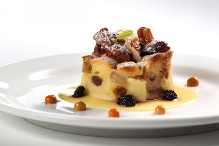 A white plate topped with a piece of bread pudding. AI generative BudÃ­n de Pan - Bread pudding, variation from Argentinaの素材