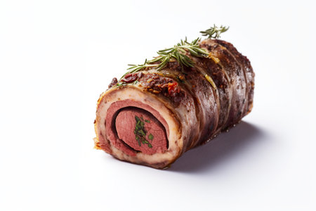 Matambre - Stuffed rolled flank steak on white background. AI generative.の素材