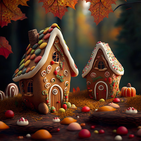 A group of gingerbread houses in Autumn forest. AI generative.の素材