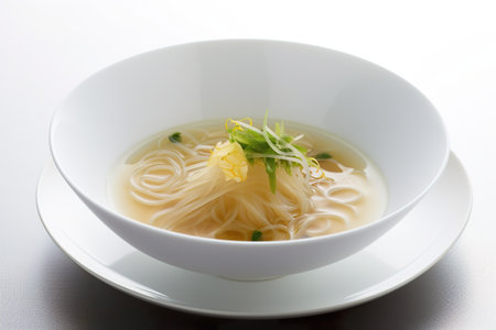 Janchi guksu: Thin wheat noodles in a clear broth, AI generative white dish on white backgroundの素材