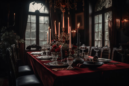 A table with a red table cloth and candles. AI generative. Elegant dining room in Gothic or vampire mansion.の素材