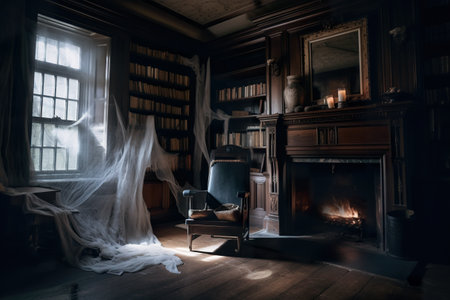 A living room with a chair and a fire place. AI generative.の素材