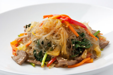 Japchae: Stir-fried glass noodles with vegetables and meat, AI generative tasty Korean food on whiteの素材