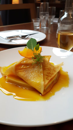 Crepe suzette, tasty pancakes with orange sauce on white plate, AI generative traditional French dessertの素材